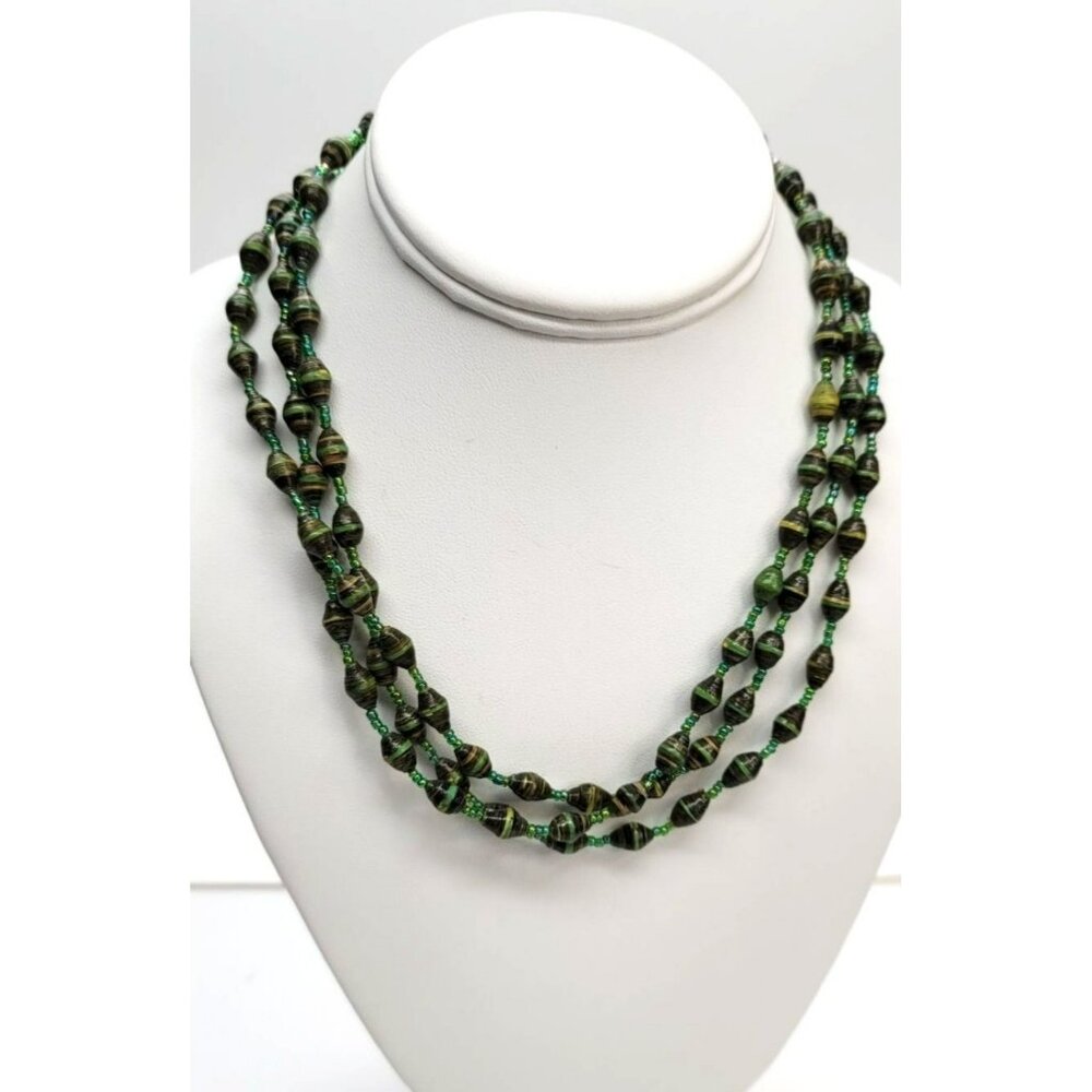 Green Beaded Necklace Glass Microbead and Paper Wrapped Vintage 18" Li300